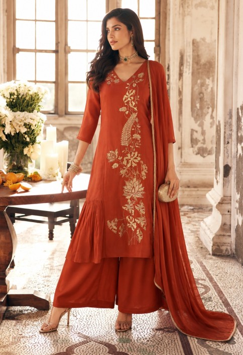 Orange Chanderi Embroidered Palazzo Salwar Kameez